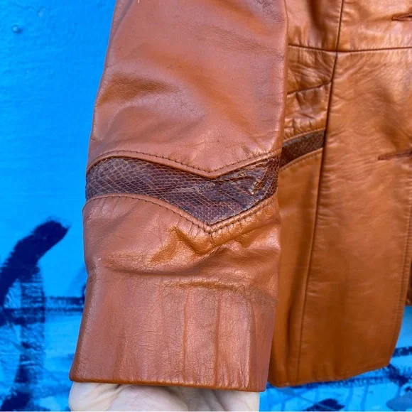 Vintage 60s Ms. Pioneer leather and snakeskin jacket, orange brown, pockets, Sm - Picture 11 of 16